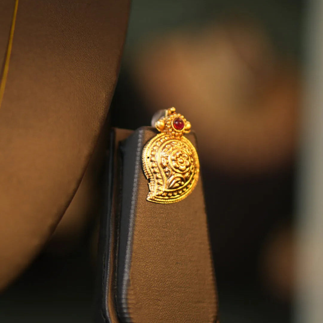 Gold decorative element on a brown leather shoe with a blurred background