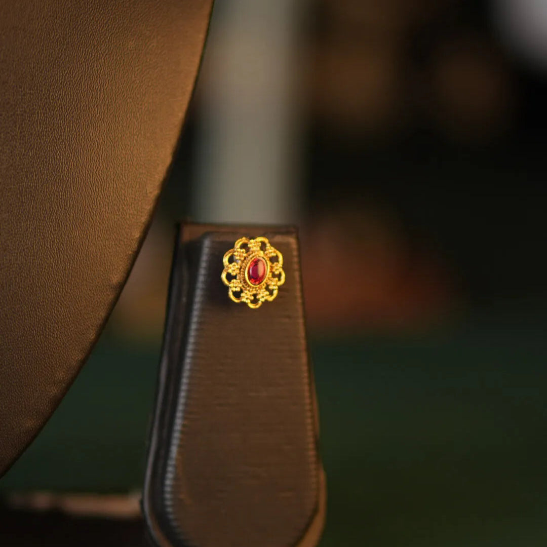Brown leather strap with decorative emblem on a blurred background